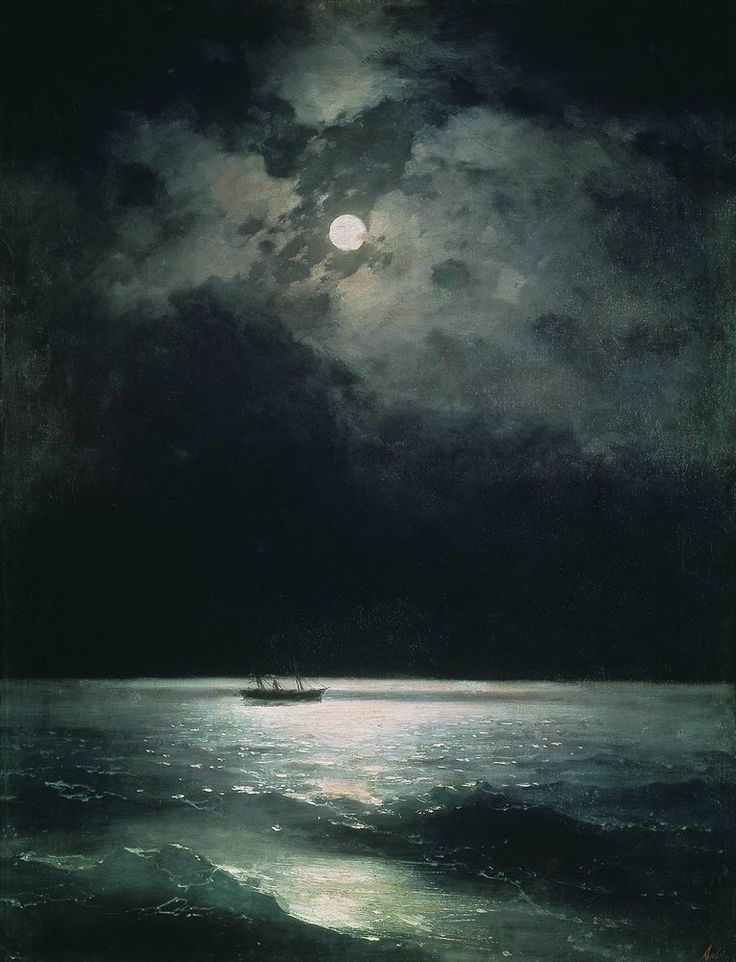 painting of sea at night with moon